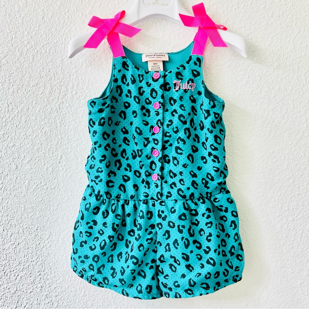♥️HP Juicy Couture Leopard Romper Sz 18M Teal Hot Pink Jumpsuit Bows Button NWOT